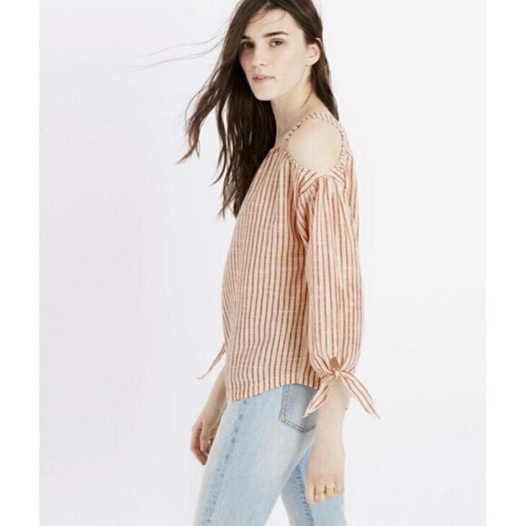 MADEWELL Woman's Sz M Cold-Shoulder Top in Red White Stripe Nautical Preppy - Picture 2 of 9